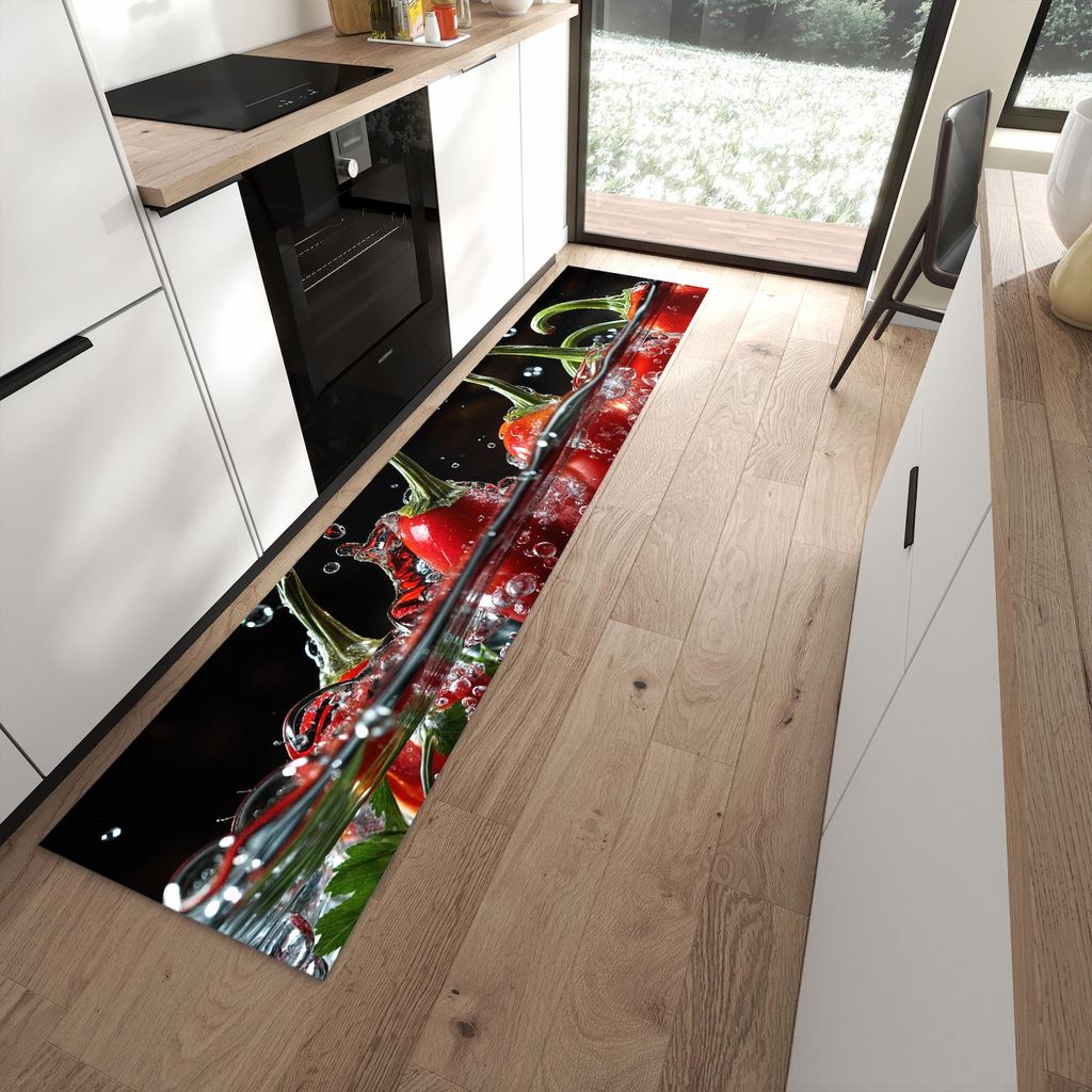 Küchenteppich 60x270cm rutschfest & abwischbar PVC Läufer - Paprika im Wasser