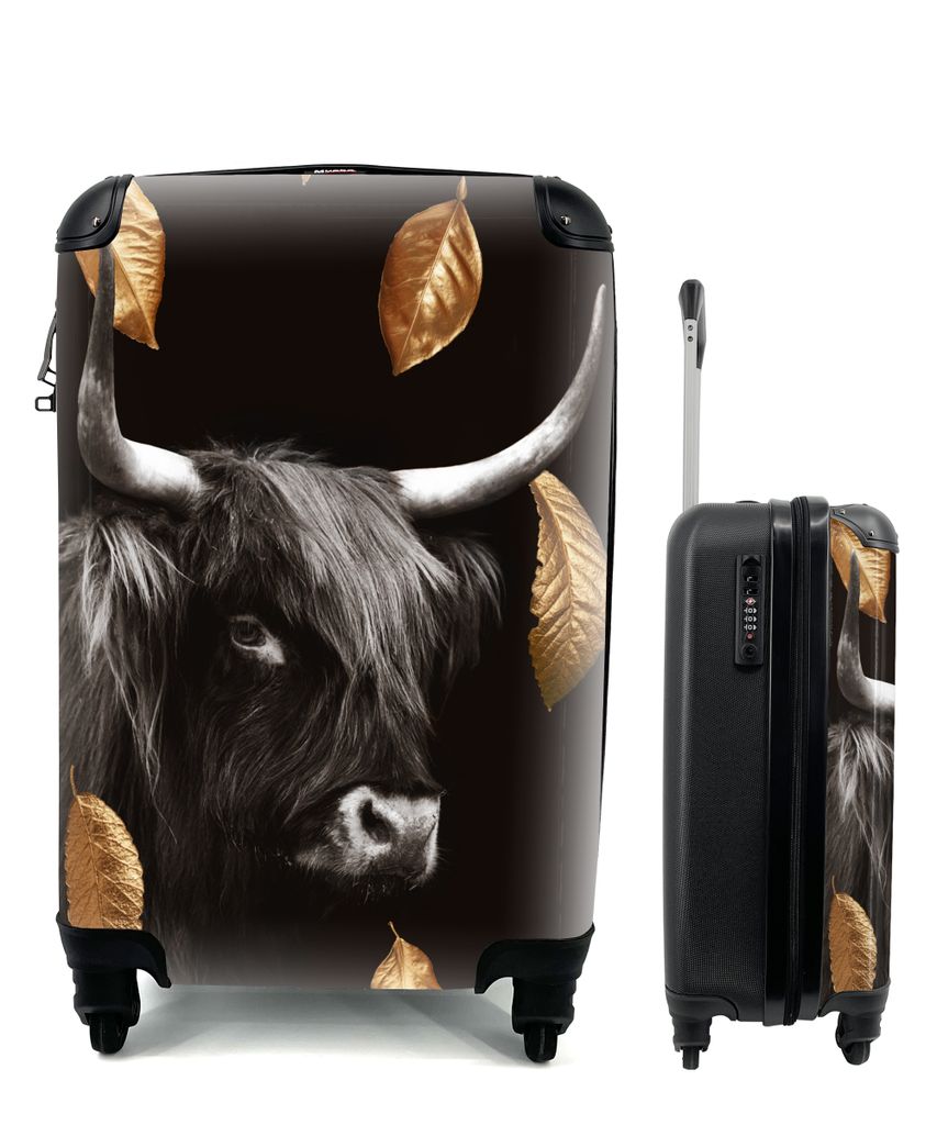 MuchoWow Koffer Handgepäck Trolley Rollkoffer Kleine Reisekoffer mit 4 Rollen - Schottischer Highlander - Blätter - Gold - Cabin Size < 55x40x2...