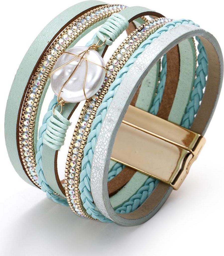 Geflochtenes Lederarmband mit Boho-Lederwicklung und türkisfarbenen Riemen