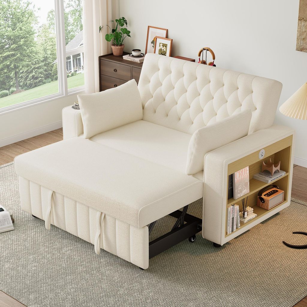 Merax 2-Sitzer Schlafsofa mit Schlaffunktion, 2 Kissen, USB, Type-C, Getränkehalter, Seitenablage, Verstellbare Rückenlehne, Chenille Bettsofa, B...