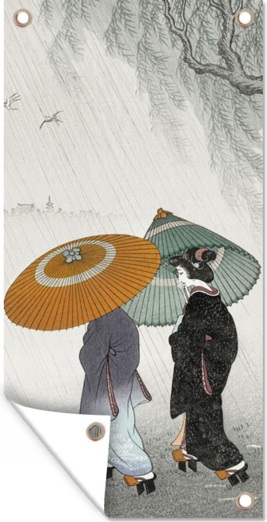 MuchoWow 40x80 cm Outdoor-Poster Gartendeko Sichtschutz Garten Poster für den Garten Frauen - Kimono - Sonnenschirm - Japan - Vintage