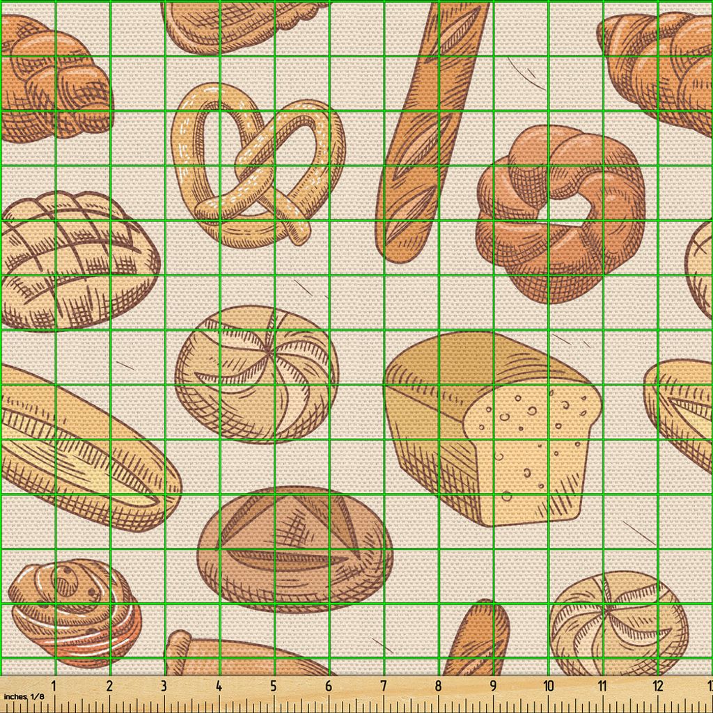 ABAKUHAUS Bäckerei Gewebe als Meterware, Verschiedene Brot und Brötchen Arten in verschiedenen Formen, 3 M (148 x 300 cm), Dunkler Peach Sand Brown