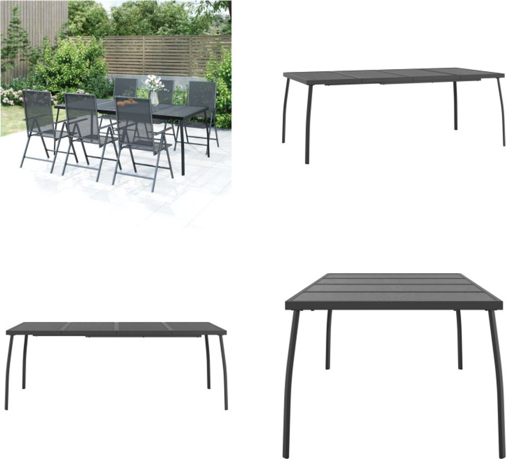 A collage of images showing a garden table and chairs set, and separate views of the table.