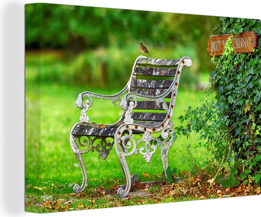 OneMillionCanvasses - Leinwandbilder - 150x100 cm, Rotkehlchen - Bank - Natur, Wandbilder Kunstdruck Wanddekoration