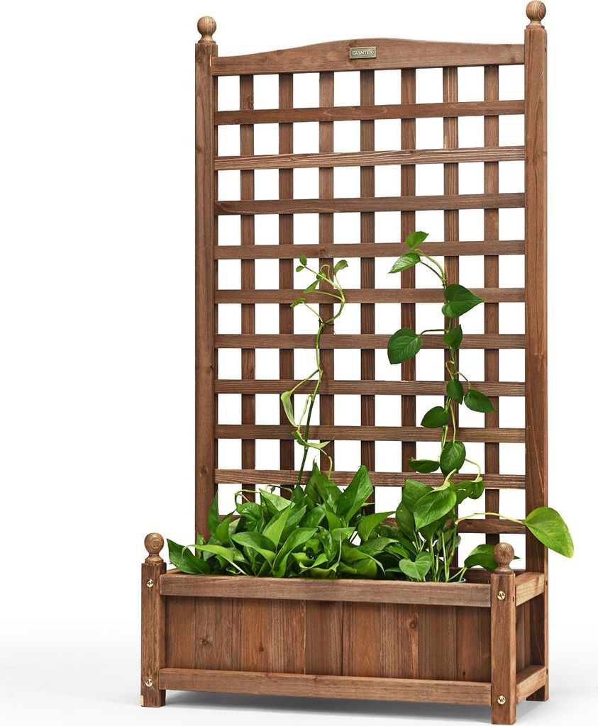 COSTWAY Blumenkasten mit Rankgitter, Pflanzkasten Holz, Hochbeet mit Spalier&Drainagelöchern, Gartenspalier Rankkasten für Garten 64,5x28x120 cm ...