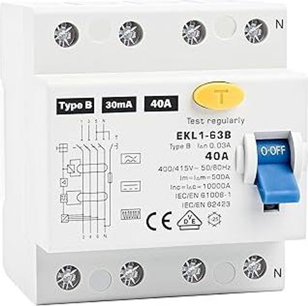 FI Schutzschalter Typ B 40A 30mA 4 Polig, VDE Fehlerstromschutzschalter RCD Allstromsensitiver Schalter Automat Sicherun für Wallboxen Ladestatio...