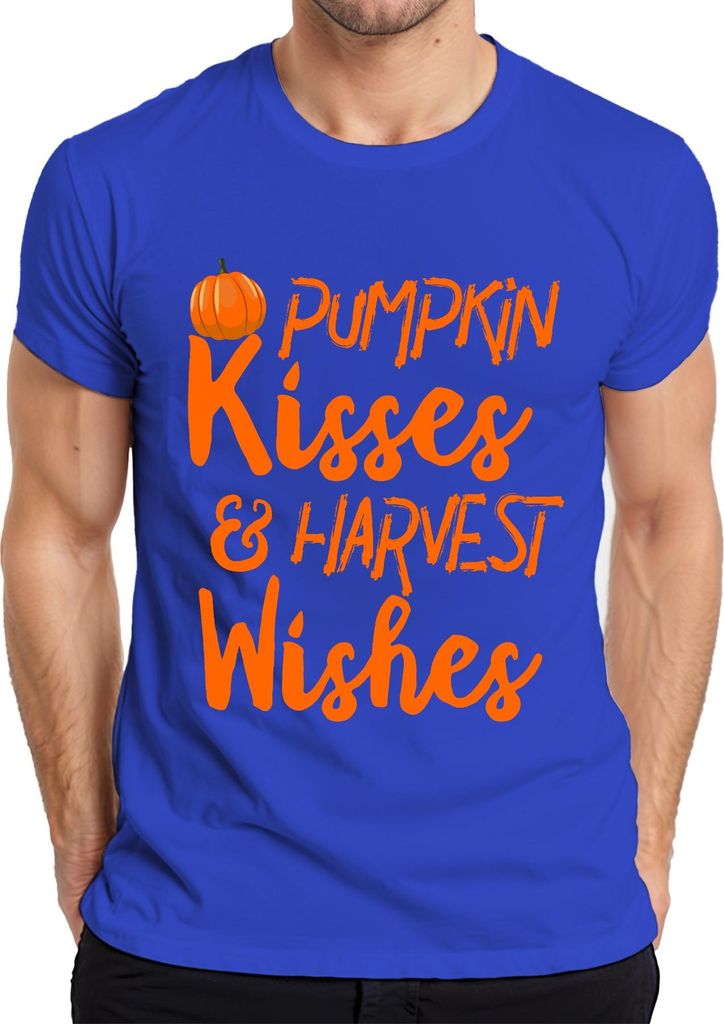 Pumpkin Kisses & Harvest Wishes Kürbis Halloween Herbst Retro Herren T-Shirt, Blau, S