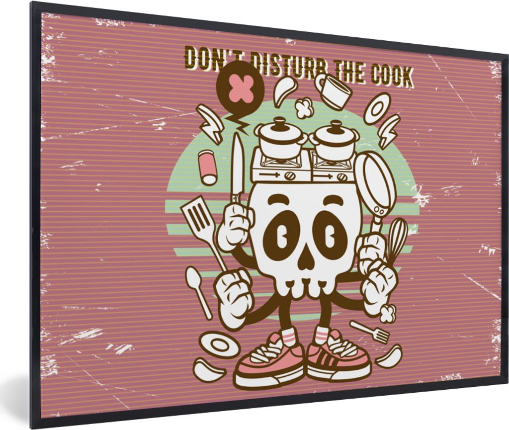 MuchoWow MuchoWow Gerahmtes Poster Totenkopf - Küchenutensilien - Retro 90x60 cm - Poster mit zchwarzem Bilderrahmen - Fotorahmen - Foto-Plakat