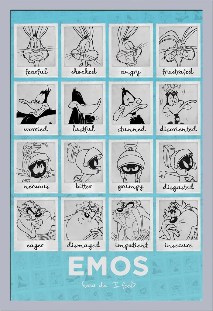 Poster Looney Tunes Moods 61x91,5 cm - Cadre Argenté en MDF de Qualité
