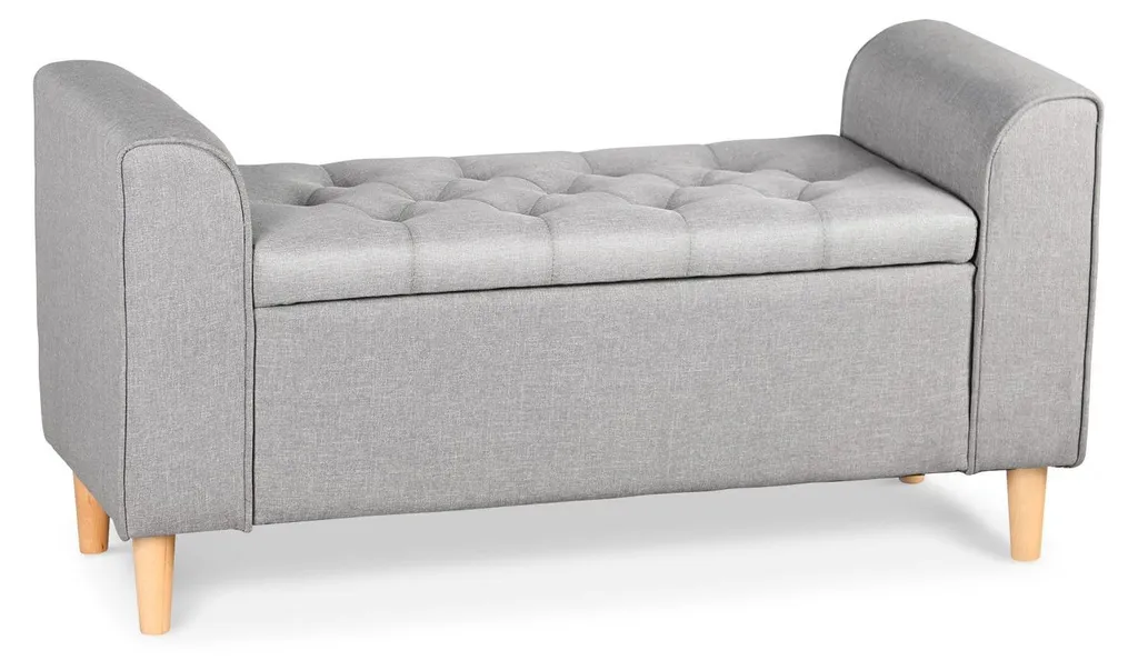 Banc de bout de lit gris clair Winnie tissu avec coffre de rangement