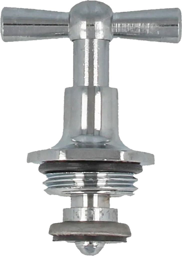 A close-up studio shot of a chrome faucet valve stem.