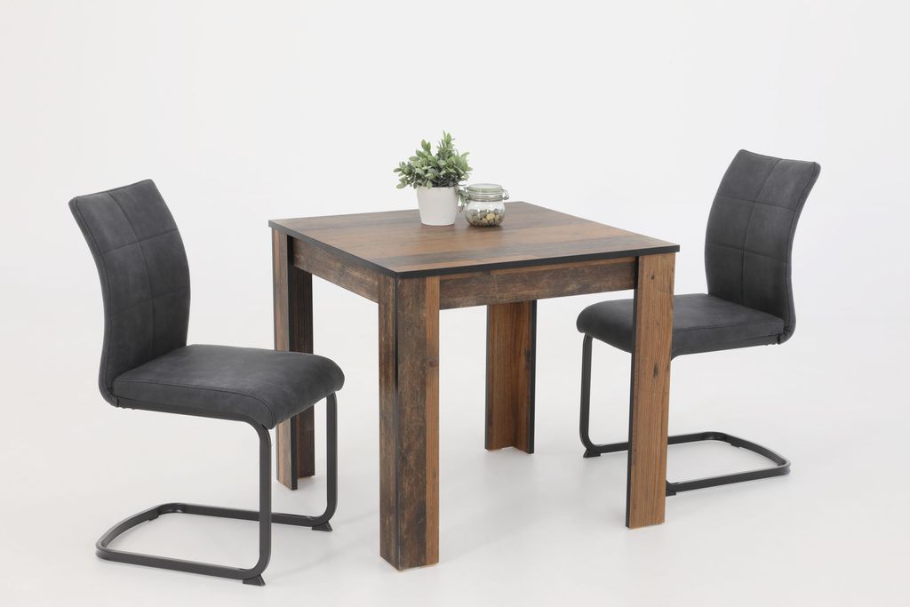 Hela Tische, 3tlg. ESSGRUPPE Erika, Quadratischer Esstisch, Nachbildung Oldwood, Winkelfuß, Schwingstuhl Anthrazit, Vierkant Gestell, 120kg belastbar