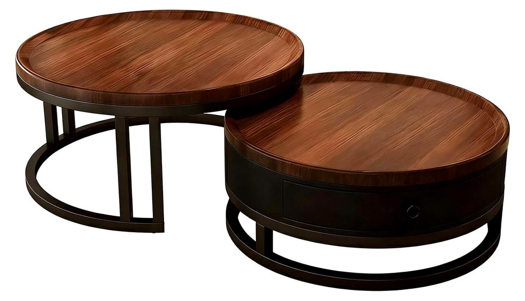 Rundes Couchtisch-Set 2er mit Stauraum, Wohnzimmertisch mit Holzschublade, Walnussoptik und Metallrahmen, Moderne Kaffeetische für Wohnzimmer und ...