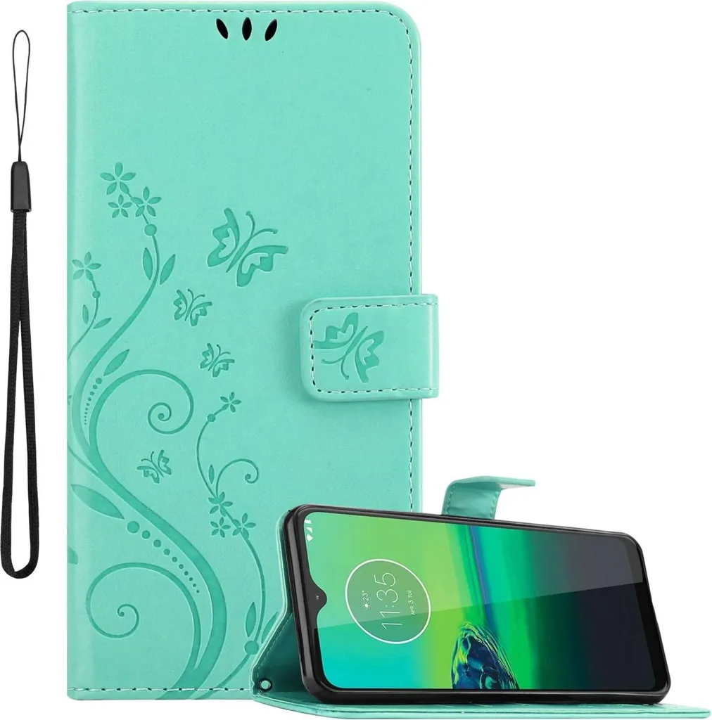 Cadorabo cover per Motorola MOTO G8 in TURCHESE FLOREALE cover protettiva in design floreale con chiusura magnetica, funzione stand e slot per carte di credito flip case cover floreale cover per cellulare flip cover a libro
