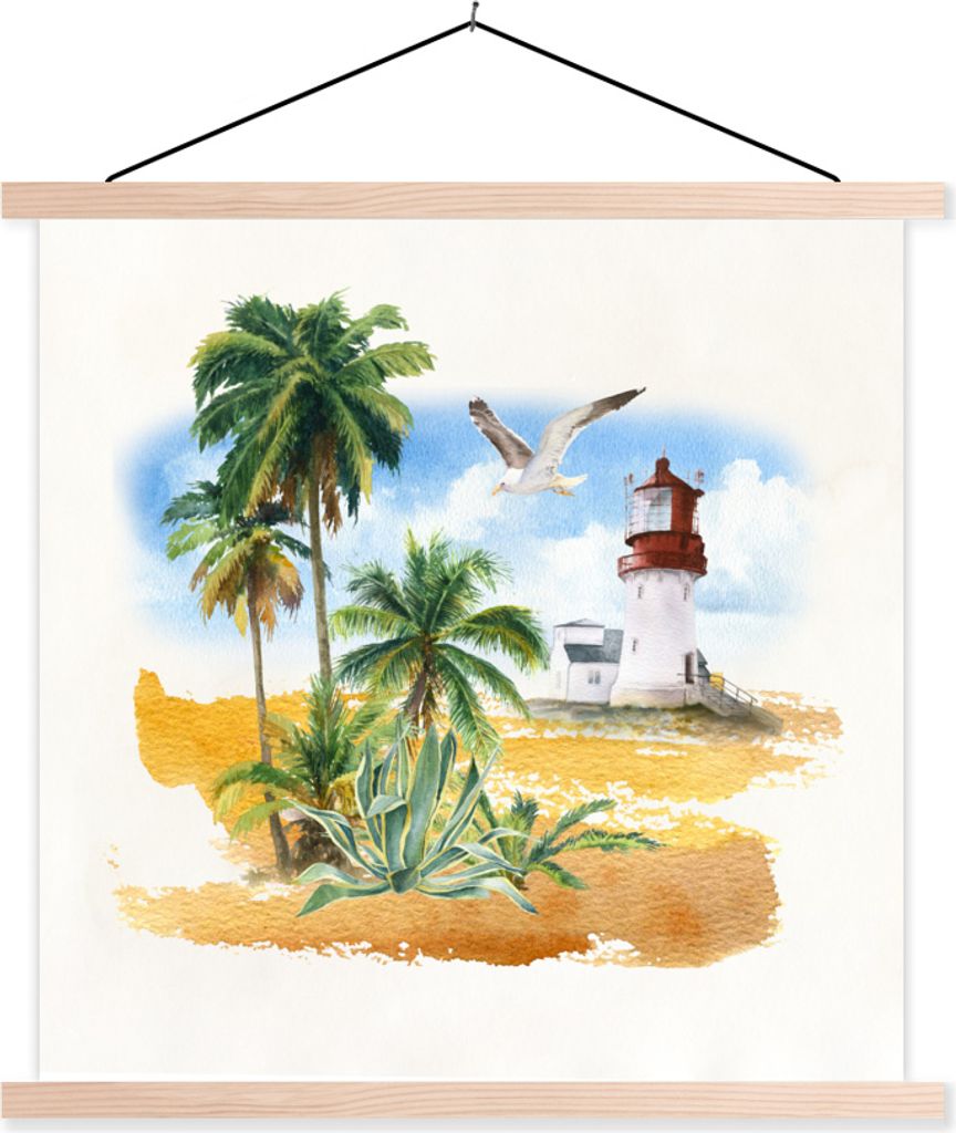 MuchoWow Textilposter Leuchtturm - Palme - Vogel - Strand 60x60 cm mit holzfarbenen Rahmen - Wanddekoration