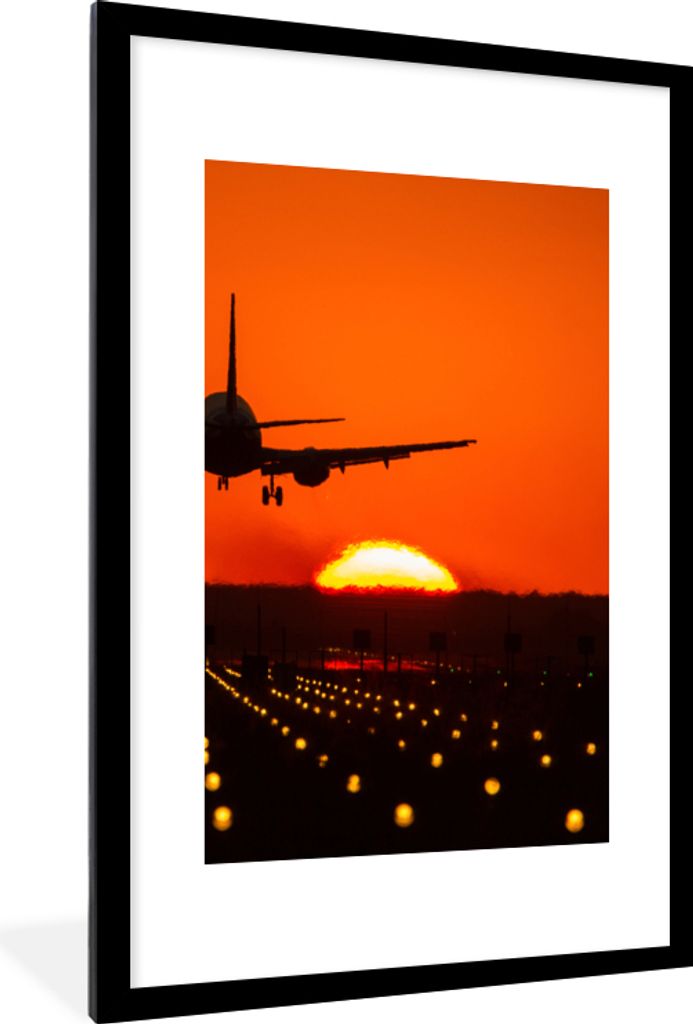 MuchoWow Gerahmtes Poster Sonnenuntergang - Flugzeug - Orange - Sonne 60x90 cm - Poster mit Schwarzem Bilderrahmen Wandposter Rahmen Foto Bilder ...
