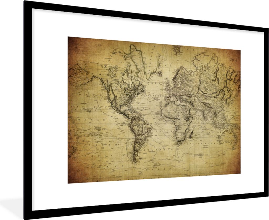 MuchoWow Gerahmtes Poster Weltkarte - Vintage - Antik - Braun - Papier 90x60 cm - Poster mit Schwarzem Bilderrahmen Wandposter Rahmen Foto Bilder...