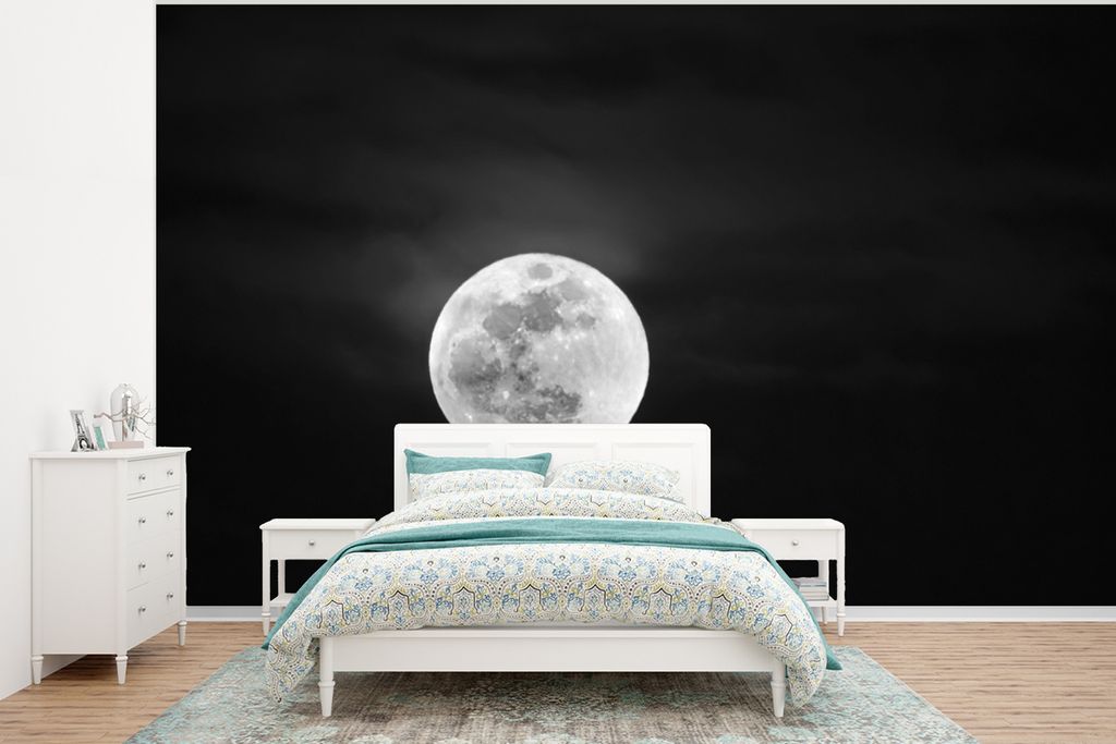 MuchoWow Fototapete für Wohnzimmer oder Schlafzimmer Wandtapete Vinyl Motivtapete Vollmond am Nachthimmel - schwarz und weiß - 320x240 cm - Tap...