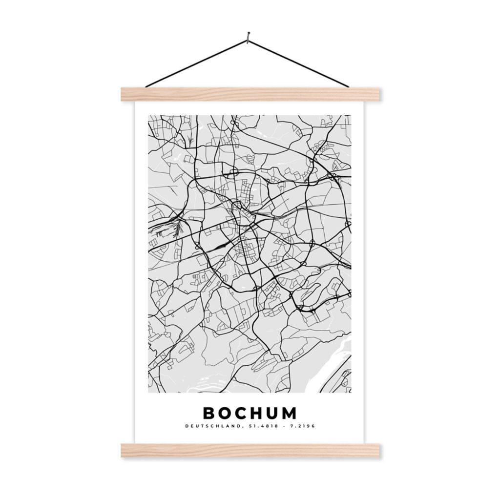 MuchoWow Textilposter Deutschland - Stadtplan - Bochum - Karte 120x180 cm mit holzfarbenen Rahmen - Textil-Plakat