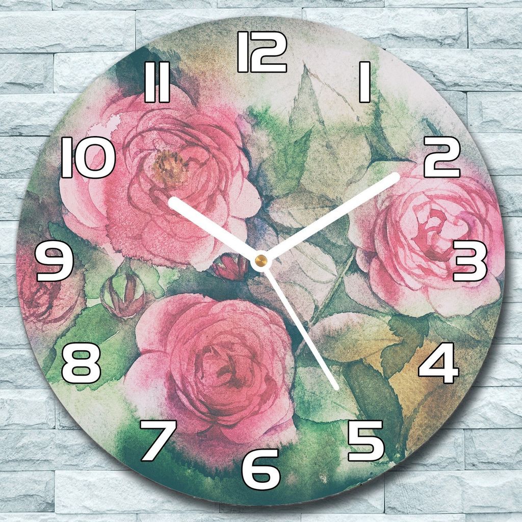 Wanduhr aus Glas Rund fi 30 Blumenstrauß Rosen Quarz Deko Schlafzimmer Büro