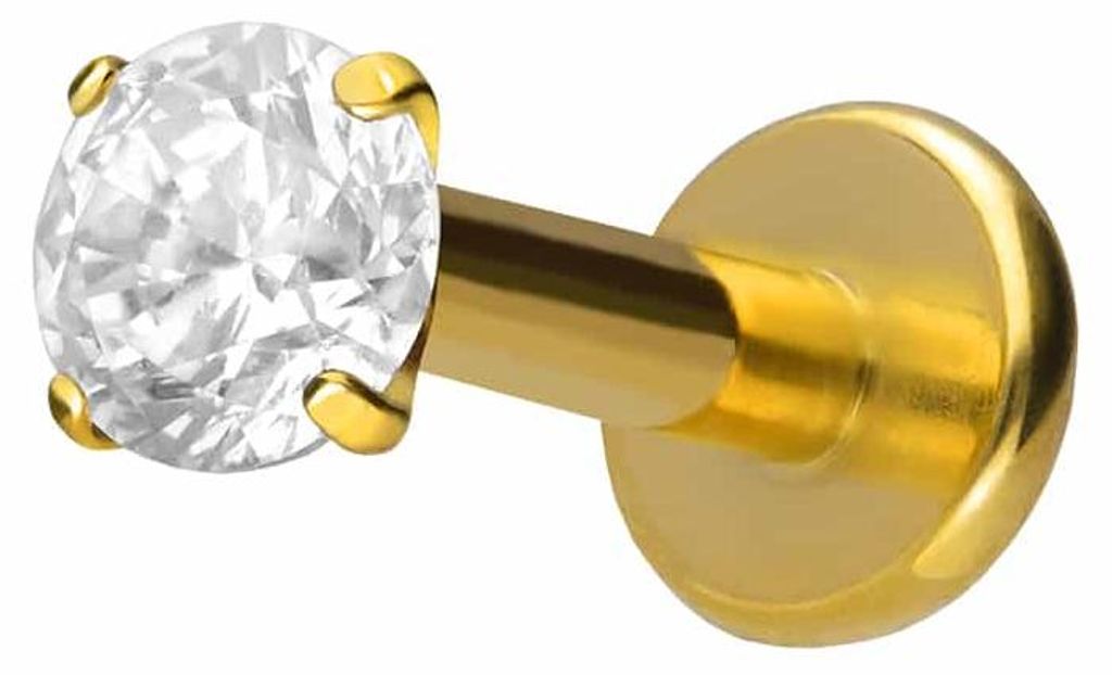 Ohrpiercing, Nasenpiercing Titan Labret mit Innengewinde EINGEFASSTER KRISTALL Gold Stablänge: 8mm | Stabstärke: 1,6mm | Kristallgröße: 3mm