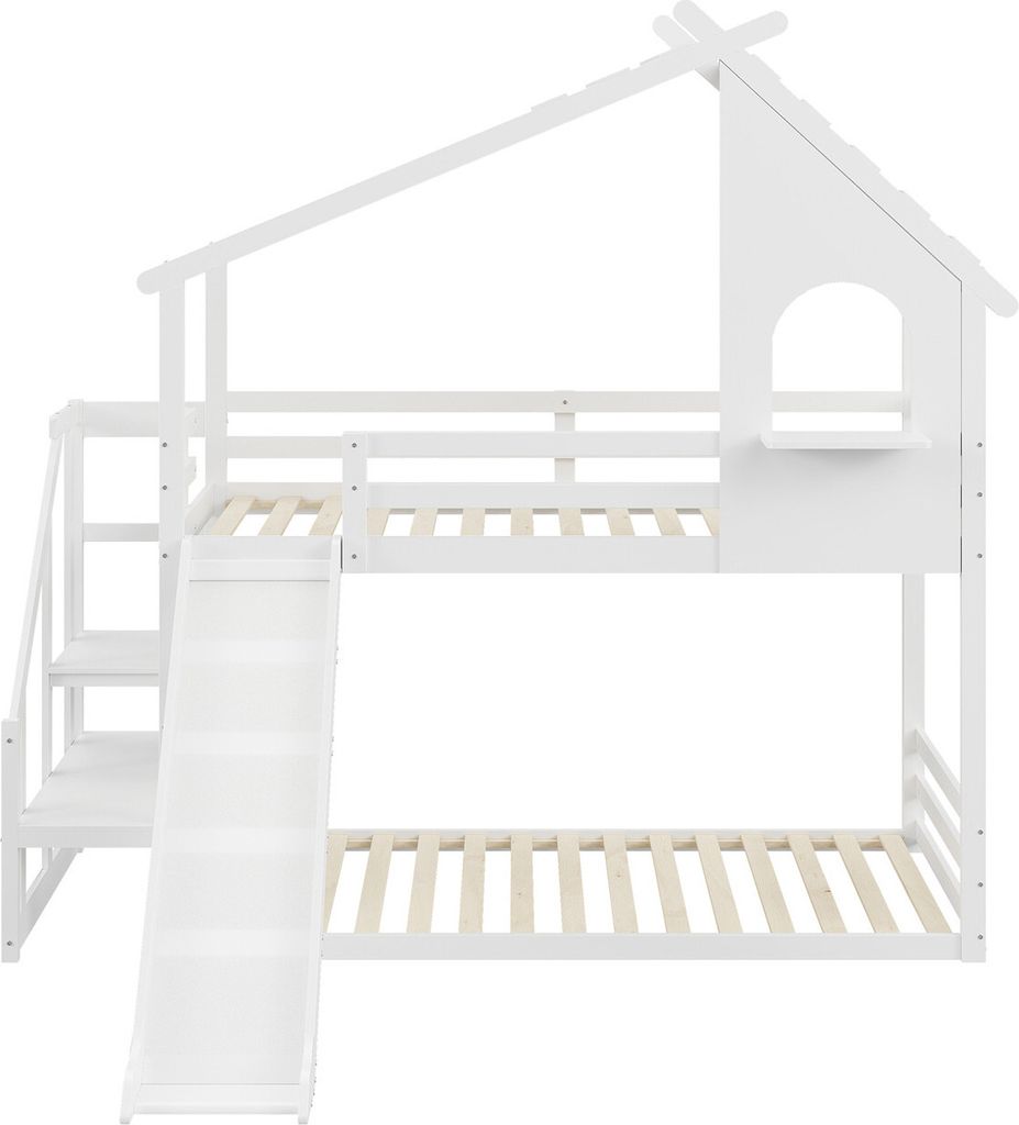 Kinderbett Hausbett,Niedriges Etagenbett mit Rutsche,Massivholz-Etagenbettrahmen mit Lattenrost 90 x 200 cm