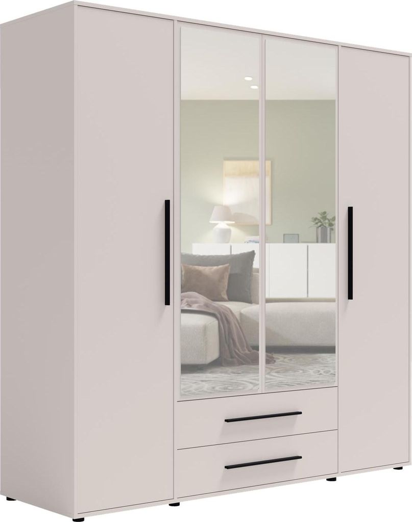 Kleiderschrank MAXIONE MX-13 mit Spiegel 4 Türen 2 Schubladen Drehtürenschrank 197 x 205 x 59 cm Schrank Modern (Kaschmir)
