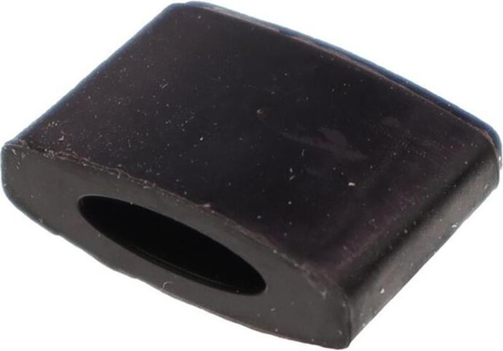 A close-up, angled view of a single black rubber spacer with an oval hole in the center.