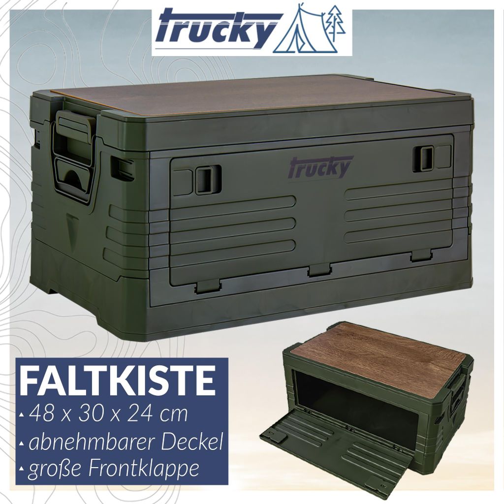 Camping Box mit Deckel, Storage Box, Aufbewahrungsbox, 35 L, Klappbox, Campingbox, faltbar, Aufbewahrung, Kiste, 48 x 30 x 24 cm, Grün, trucky