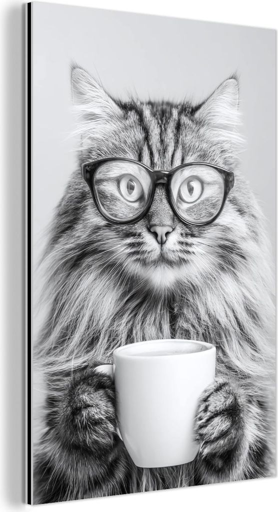 MuchoWow Wanddekoration Metall Metallbild Wandkunst 60x90 cm Katze - Brille - Becher - Flauschig MuchoWow Aluminium Gemälde - Wandbilder - Aluminium