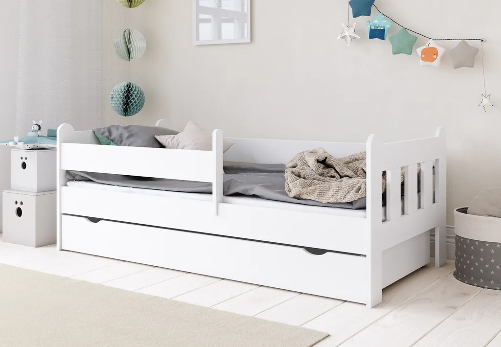 Lit enfant 80x180 cm avec matelas et sommier à lattes blanc, modèle Léo