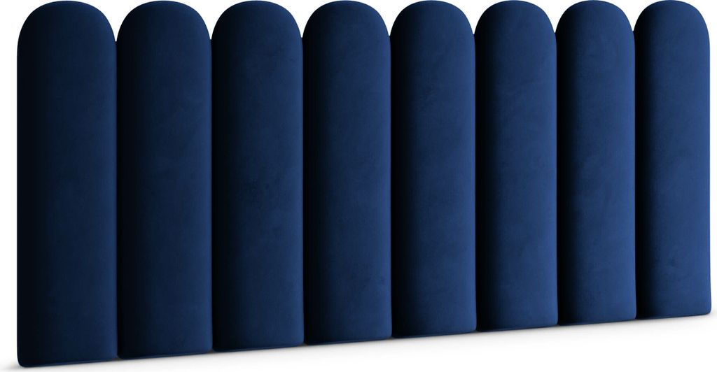 A row of dark blue upholstered panels.
