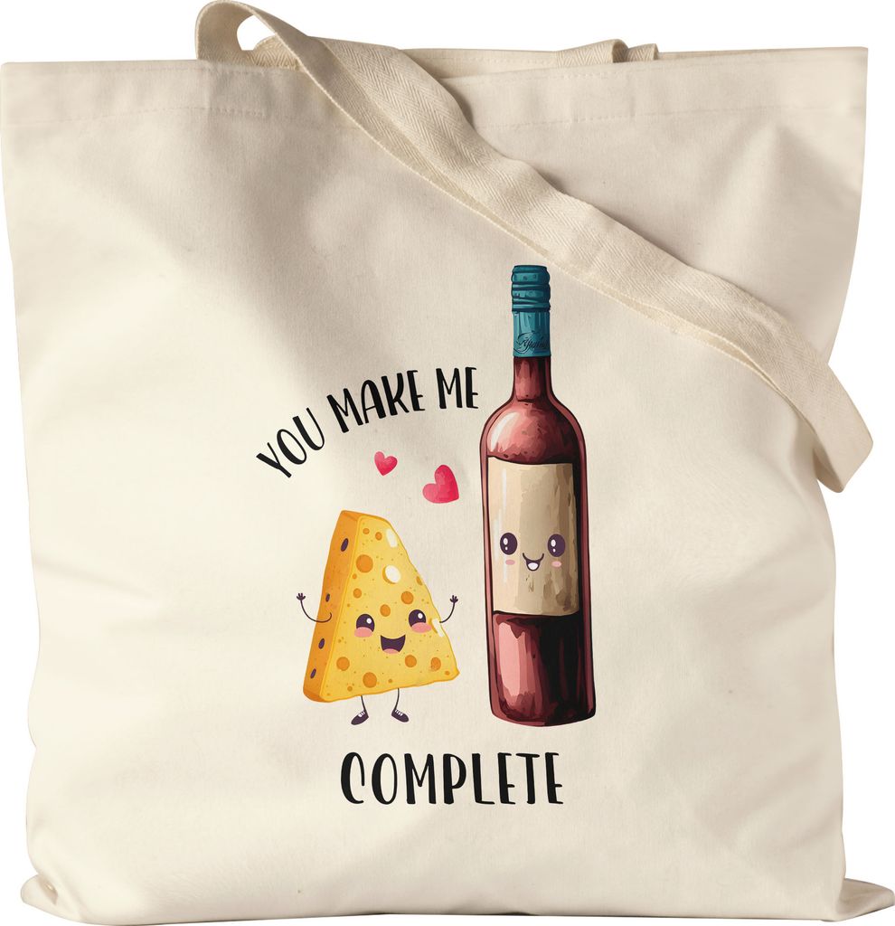 You Complete Me Jutebeutel Wein Käse Valentinstag Freundin Freund Süß Geschenkidee Paar Liebe