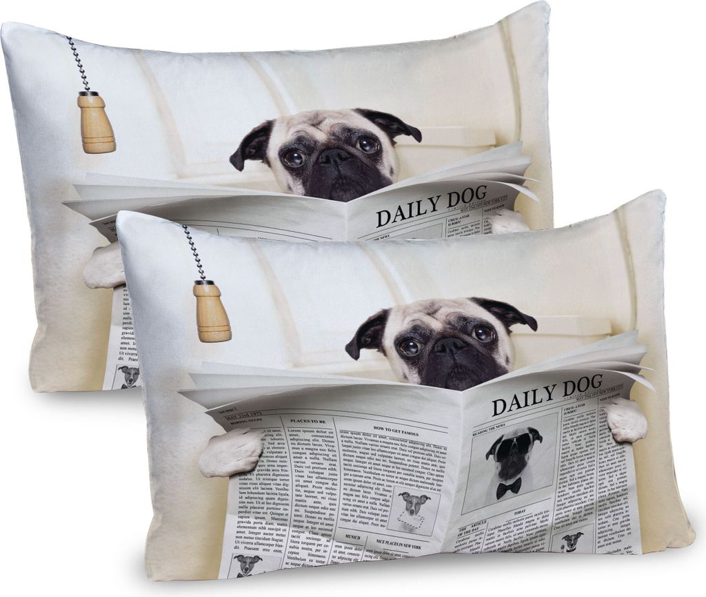 ABAKUHAUS Mops Kissenbezug Packung mit 2, Welpe, der die Zeitung auf dem Toiletten-Badezimmer-lustigen Bild-Mops-Witz-Druck liest, Dekorativer Gedr...