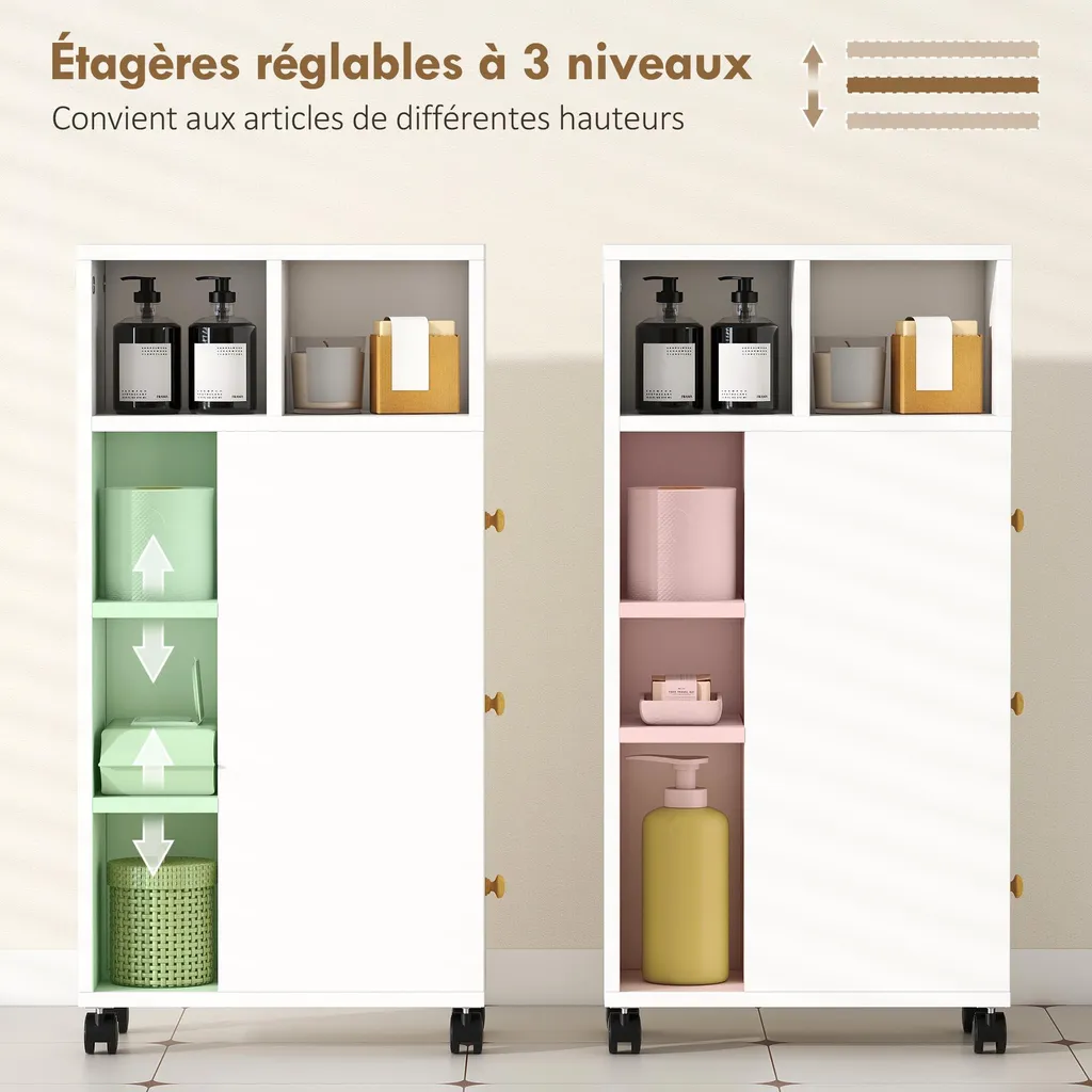 Meuble de salle de bain 3 tiroirs et 5 compartiments sur roulettes 80cm