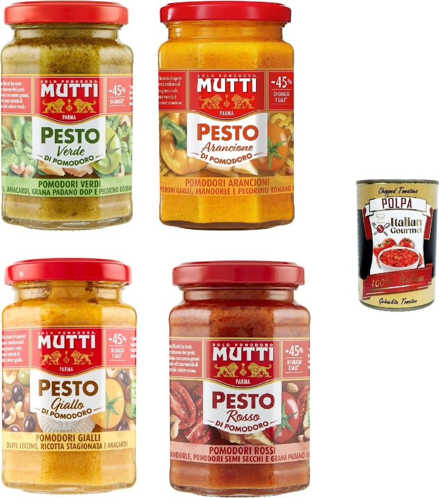 Mutti Tomaten-Pesto Mix – 4er Set: Verde, Giallo, Arancione & Rosso – servierfertig zu Pasta, Bruschetta & Snacks, italienische Premium-Sauce i...