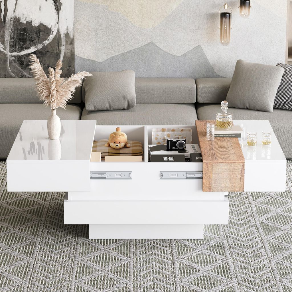 Merax Hochglanz Couchtisch 70x70x39cm Weiß,Quadratisch mit