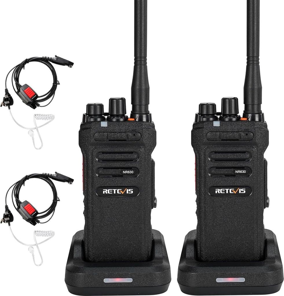 Two black Retevis NR630 walkie-talkies are shown in their charging docks, with accessories to the left.