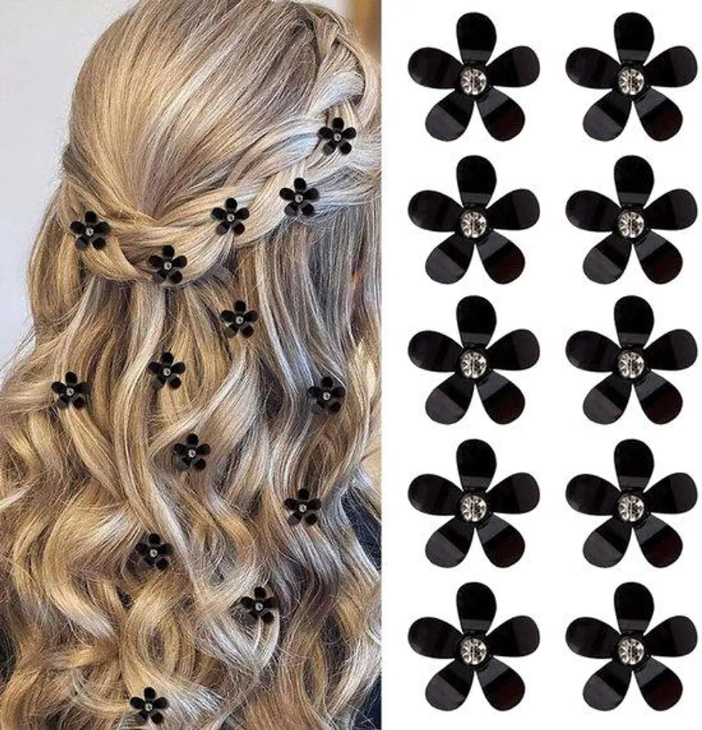 Mini-barrettes fleurs noires et strass élégantes, pack de 10 pièces
