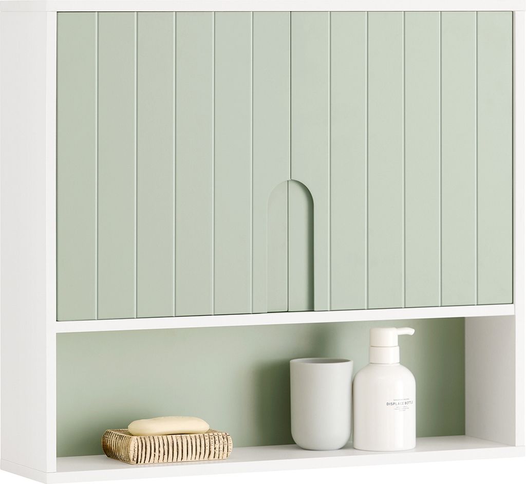A white cabinet with light green doors and a shelf below, containing bathroom accessories.