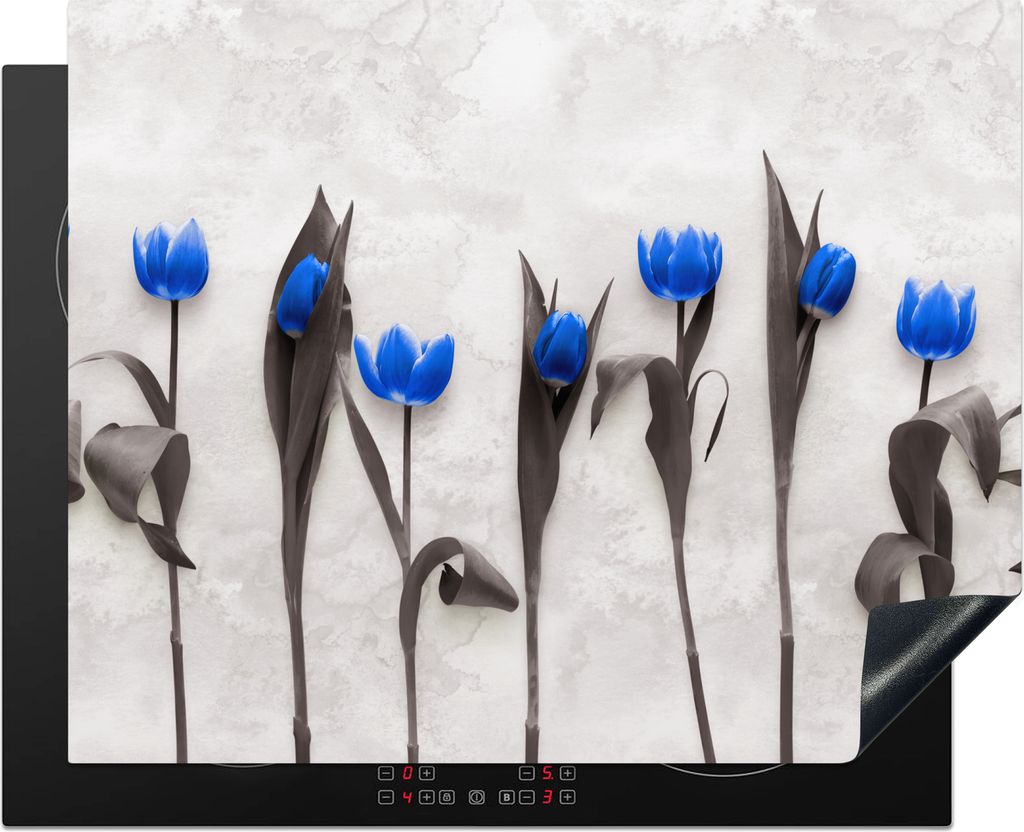 KitchenYeah Herdabdeckplatte Blumen - Tulpen - Blau , 65x52cm, Küche Deko, Glaskeramikkochfeld Herdabdeckung, Abdeckplatte fùr Kochfeld
