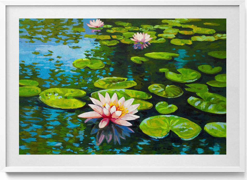 Malerei Wasserlilien– Wandbild mit Rahmen – Gerahmtes Bild – Wanddekoration – 100x70 cm – Weiß Rahmen