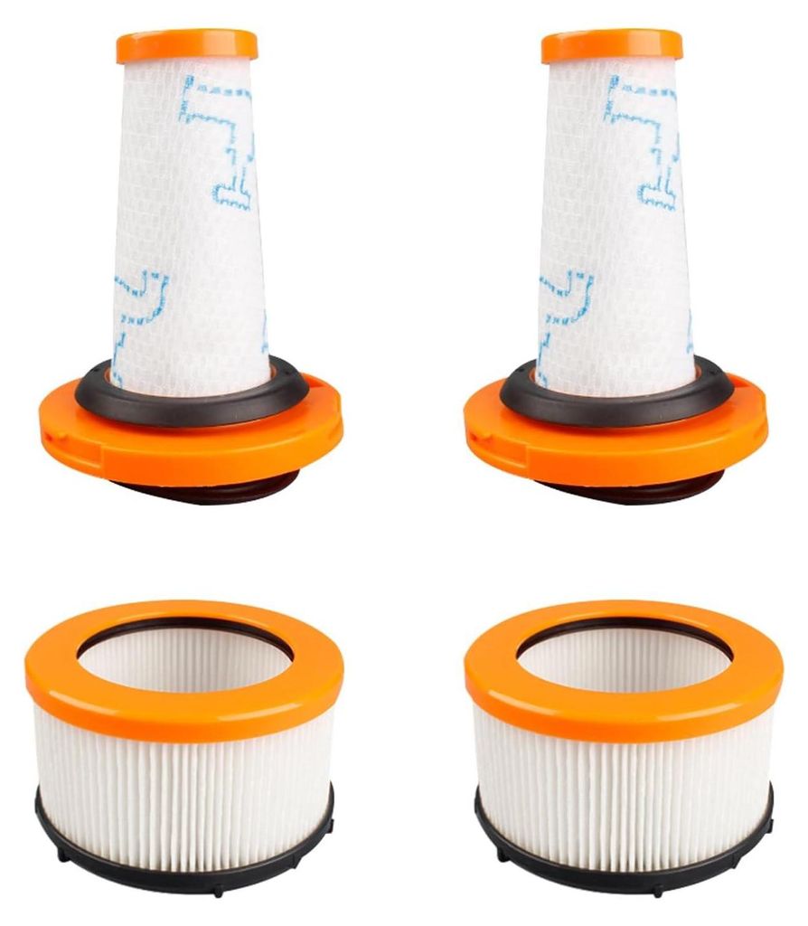 Four vacuum cleaner filters are displayed against a white background. Two are upright cylindrical filters with orange tops and black seals, and two are shorter, wider cylindrical filters with orange rims and black bases.