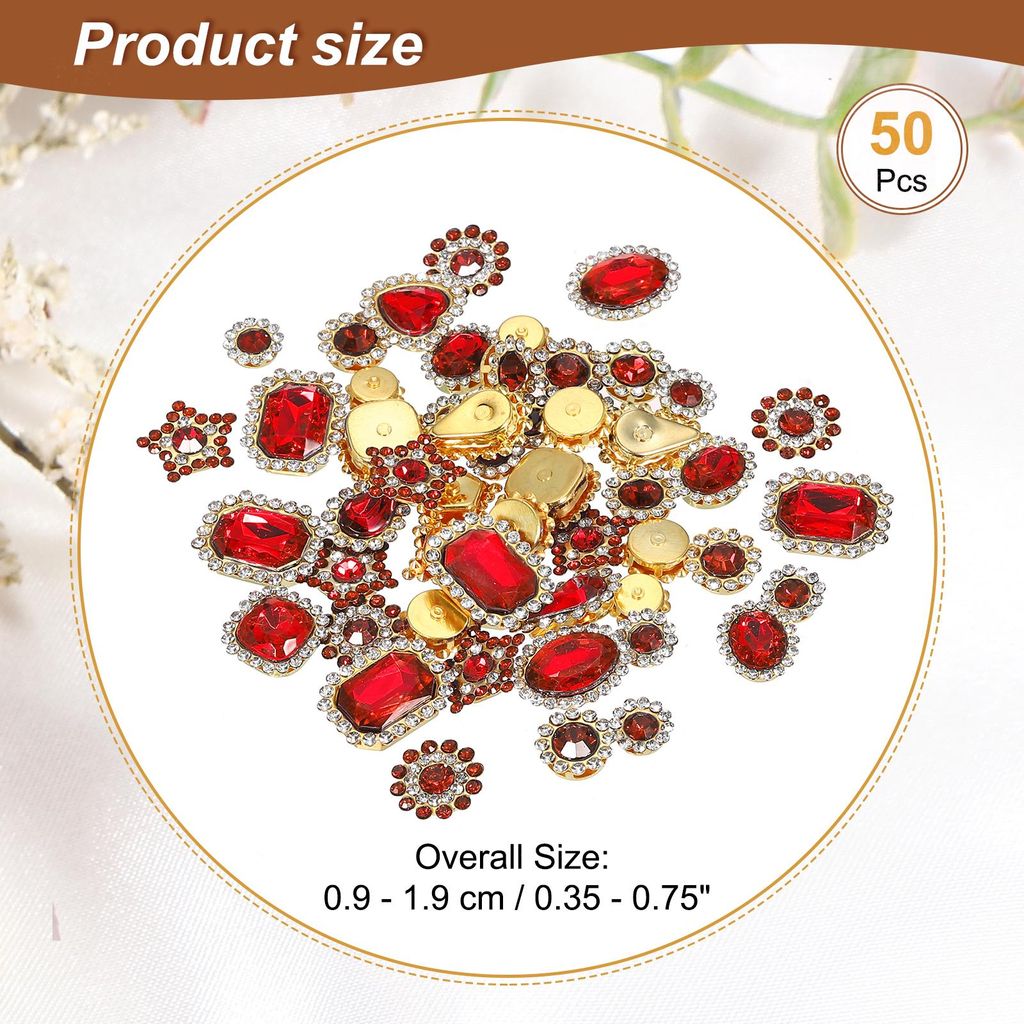 Aufn?hbare Strasssteine, 50 Stš¹ck gemischte Formen Glassteine Metallbasis Blumenkrallen-Strasssteine fš¹r Bastelarbeiten Schuhe, Rot (0,9-1,9 cm)