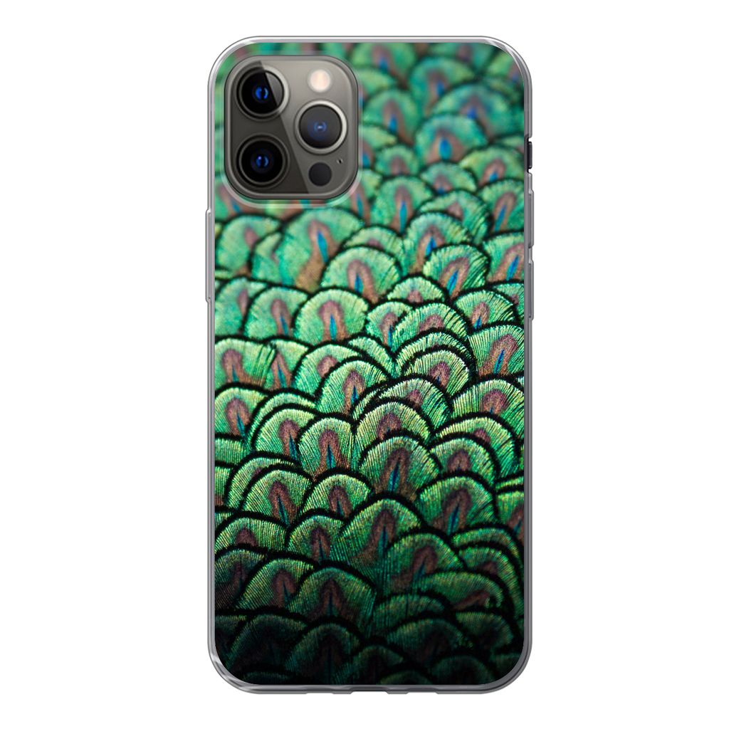 MuchoWow Handyhülle Schutzhülle Hülle für iPhone 13 Pro Nahaufnahme des Gefieders eines Pfaus Silikon Softcase Handy Hülle - Handy-Tasche