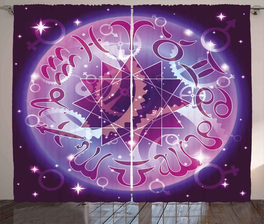 ABAKUHAUS Astrologie Rustikaler Gardine, Sternzeichen-Kreis-Raum, Schlafzimmer Kräuselband Vorhang mit Schlaufen und Haken, 280 x 225 cm, Hellblau...