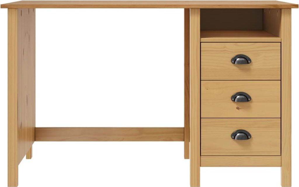 A wooden desk with three drawers on the right side, shown from the front against a white background.