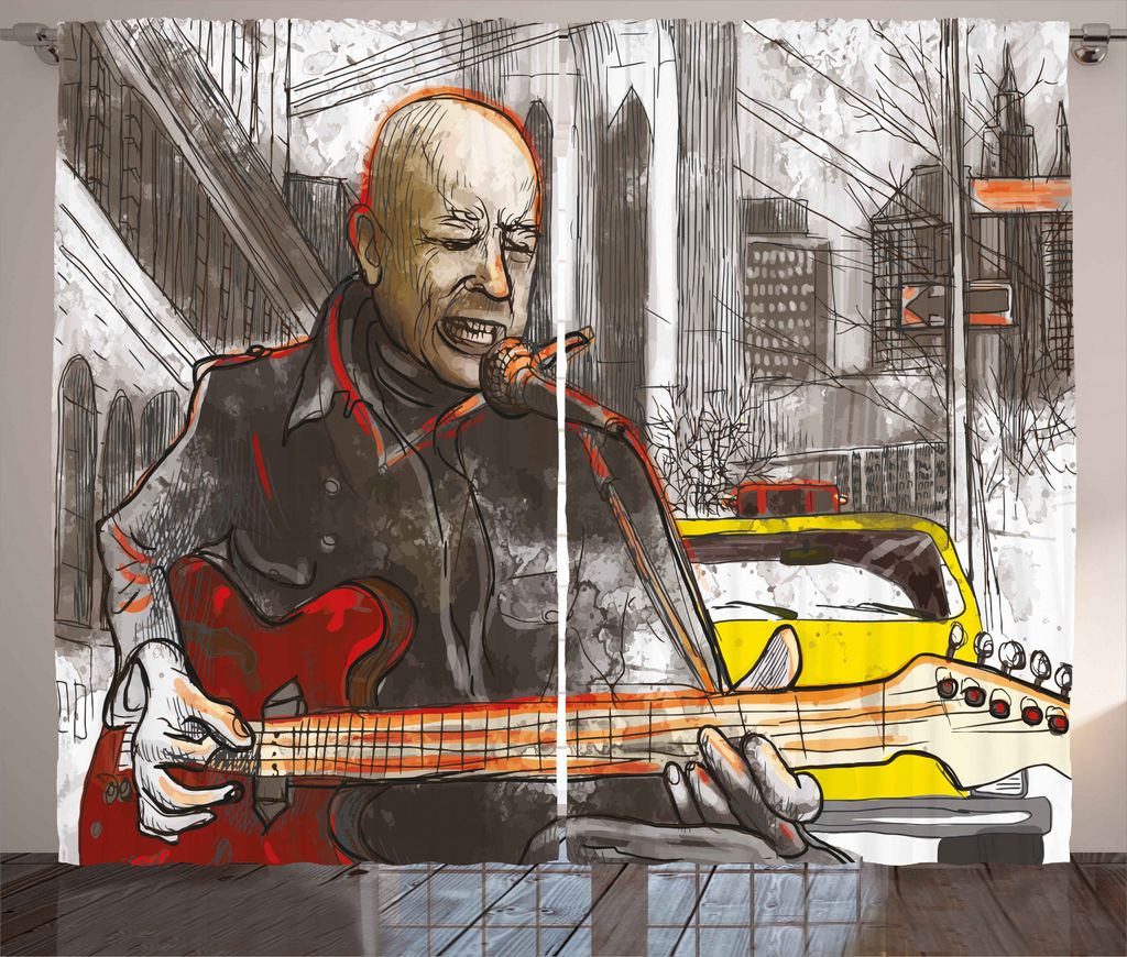ABAKUHAUS Städtisch Rustikaler Gardine, Straßenmusiker Singen, Schlafzimmer Kräuselband Vorhang mit Schlaufen und Haken, 280 x 245 cm, Mehrfarbig