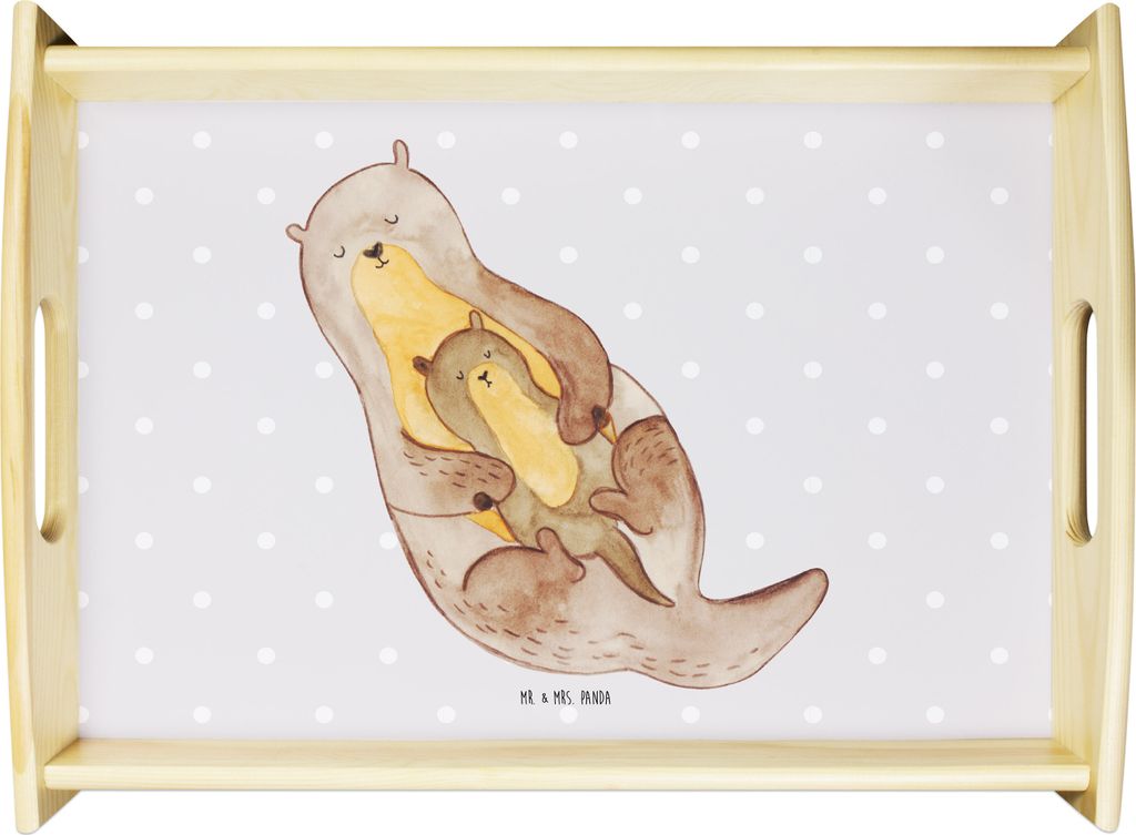 Mr. & Mrs. Panda Tablett Otter Kind - Grau Pastell - Geschenk, Mutter, Baby, Serviertablett, Mama, Familie, aus holz, Geburt, betttablett, Servier