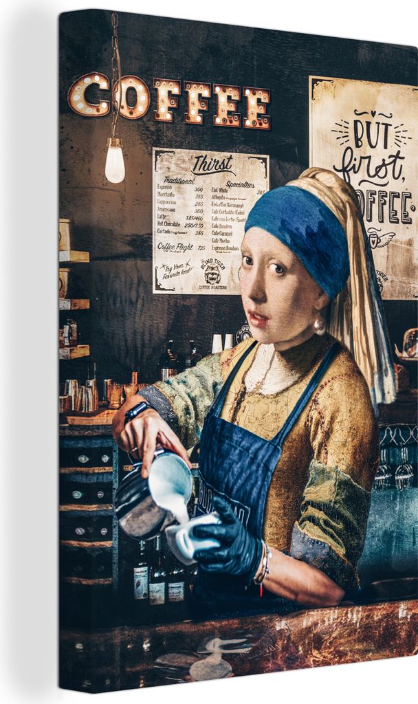 OneMillionCanvasses - Leinwandbilder - 90x140 cm, Mädchen mit Perlenohrring - Bearbeitetes Gemälde - Barista - Vermeer - Kaffee - Cappuccino, W...